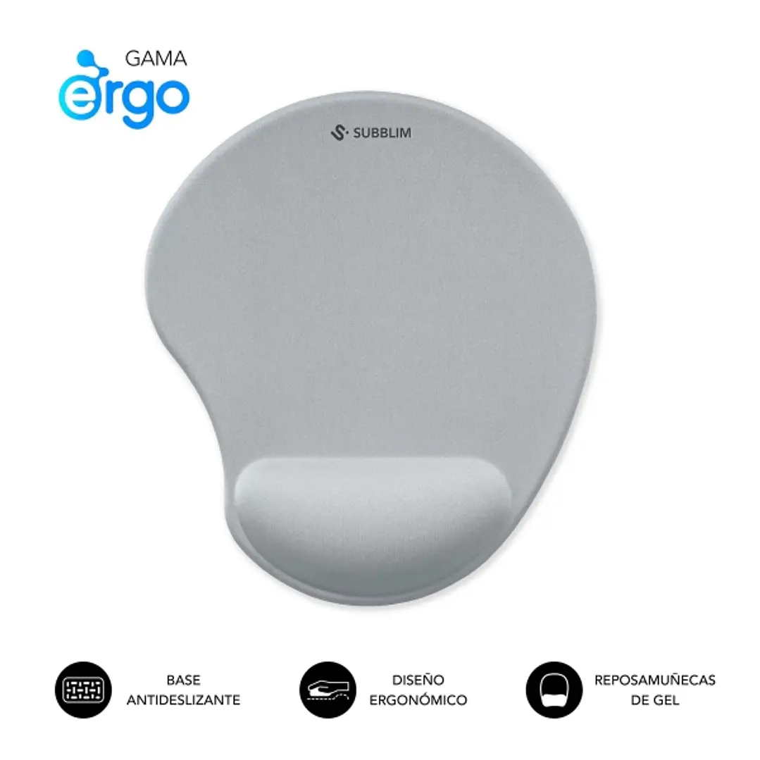 Subblim Ergo Neogel Alfombrilla Ergonomica para Raton - Espuma Elastica - Microtexturizada Impermeable - Base Antideslizante - Color Plata 1