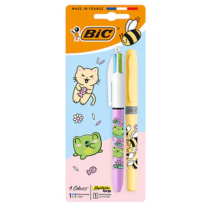 Bic 4 Colours Decors Kawaii Pack con 1 Boligrafo de Bola Retractil Pastel + 1 Marcador Highlighter Grip Pastel de Color Aleatorio - Punta Media de 1.0