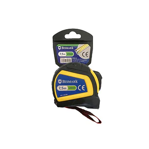 Bismark Flexometro 7.5m con Freno - Carcasa Reforzada Extra Fuerte de Goma - Cinta para Colgar - Color Negro/Amarillo