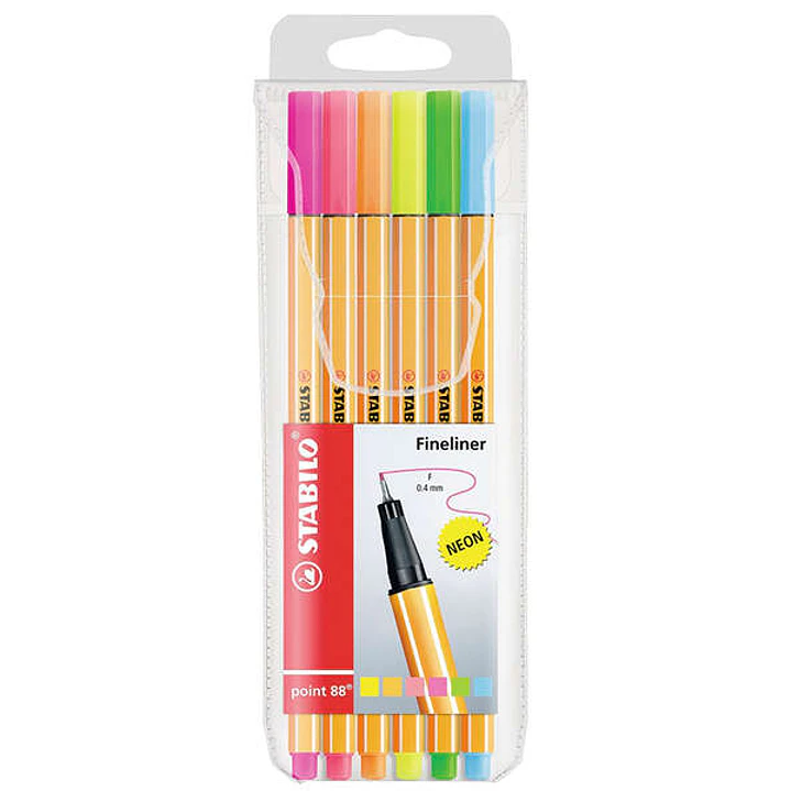 Stabilo Point 88 Pack de 6 Rotuladores de Punta Fina de Fibra - Trazo de 0.4 mm - Tinta con Base de Agua - Colores Surtidos Neon 1