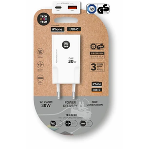 TechOneTech Cargador Doble de Pared Ultrarrápido GaN 30w USB-C+USB-A Blanco