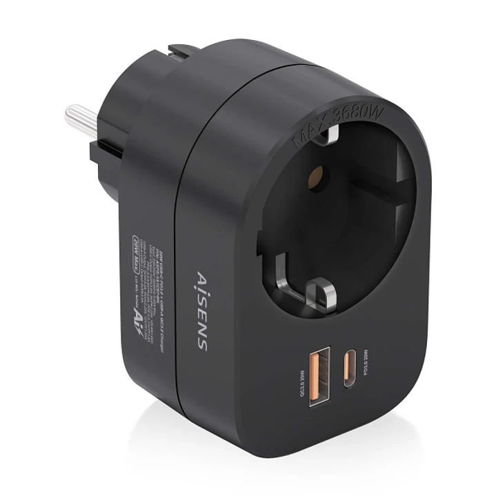 Aisens Regleta de Pared Multifuncion con 1 Toma + 1xUSB-C 20W PD3.0 - 1xUSB-A 20W QC3.0 - Color Negro 1