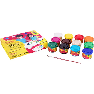 Jovi Pack con 12 Botes de Tempera 35ml - Mezclables - Para Papel, Cartulina, Madera, Tela, Pasta de Modelar y Barro - Incluye Pincel - Colores Surtido