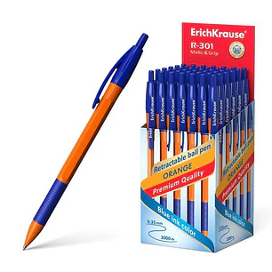 Erichkrause R-301 Naranja Matic&Grip Boligrafo Retractil - Punta de 07mm - Trazo de 0.35mm - Grip de Goma - Tinta de Secado Rapido - Color Azul