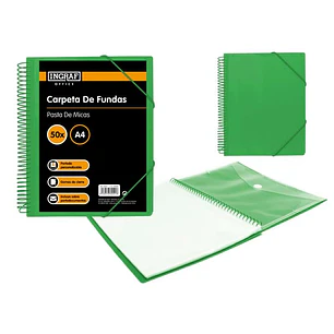 Ingraf Carpeta 50 Fundas A4 + Sobre con Broche - Espiral Plastica Indeformable - Apertura 360 Grados - Portada Personalizable - Color Verde
