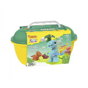 Jovi Play & Fun Cofre Jurassic con 24 Barras de Plastilina 15gr + Modeladores + Recortables - Sin Gluten - Base Vegetal - No se Seca - Colores Surtido