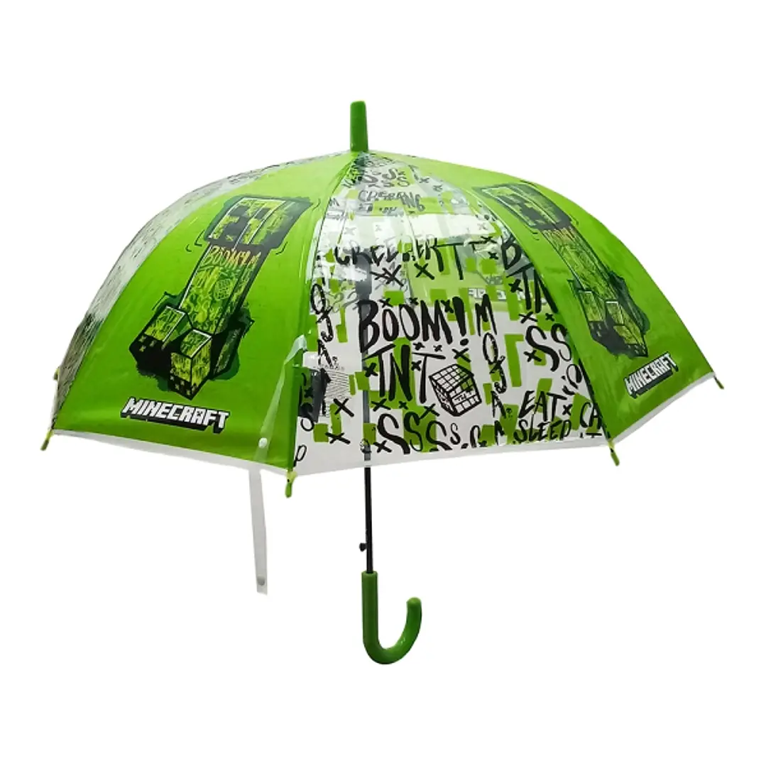 Safta Minecraft TNT Paraguas Manual de 76cm - 8 Paneles - Asa y Punta de PVC - POE Transparente - Nervios de Acero de 8mm - Color Verde 1