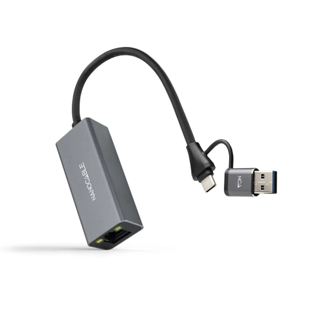 Nanocable Adaptador de Red USB-C + USB-A/M 3.0 a Ethernet Gigabit 10/100/1000 Mbps - 15 cm - Color Gris 1