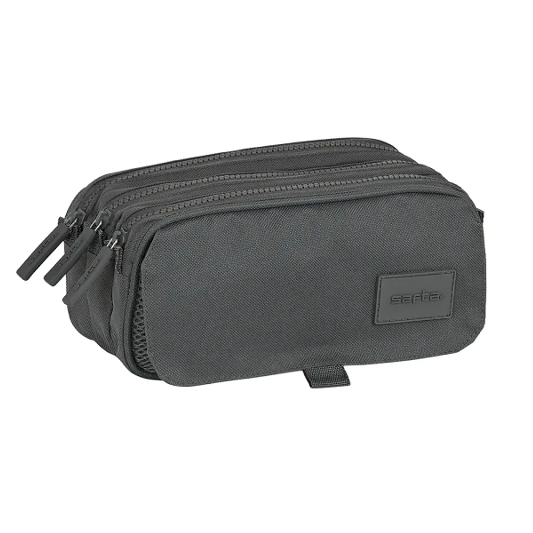 Safta Basic Portatodo - 3 Compartimentos con Cremalleras - Bolsillo Frontal - Cinta Adaptable - 1.72L - 215x80x100mm - Color Gris 1