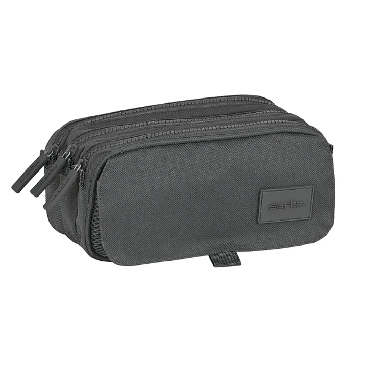 Safta Basic Portatodo - 3 Compartimentos con Cremalleras - Bolsillo Frontal - Cinta Adaptable - 1.72L - 215x80x100mm - Color Gris 1