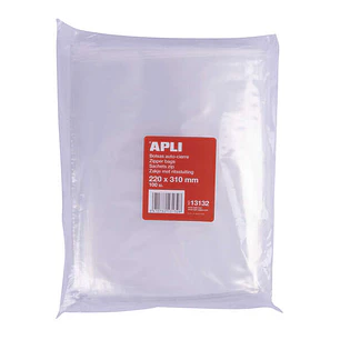 Apli Pack de 100 Bolsas Zip Auto Cierre Transparentes 220x310mm - Material LDPE - Cierre Seguro y Facil Manipulacion - Aptas para Uso Alimenticio