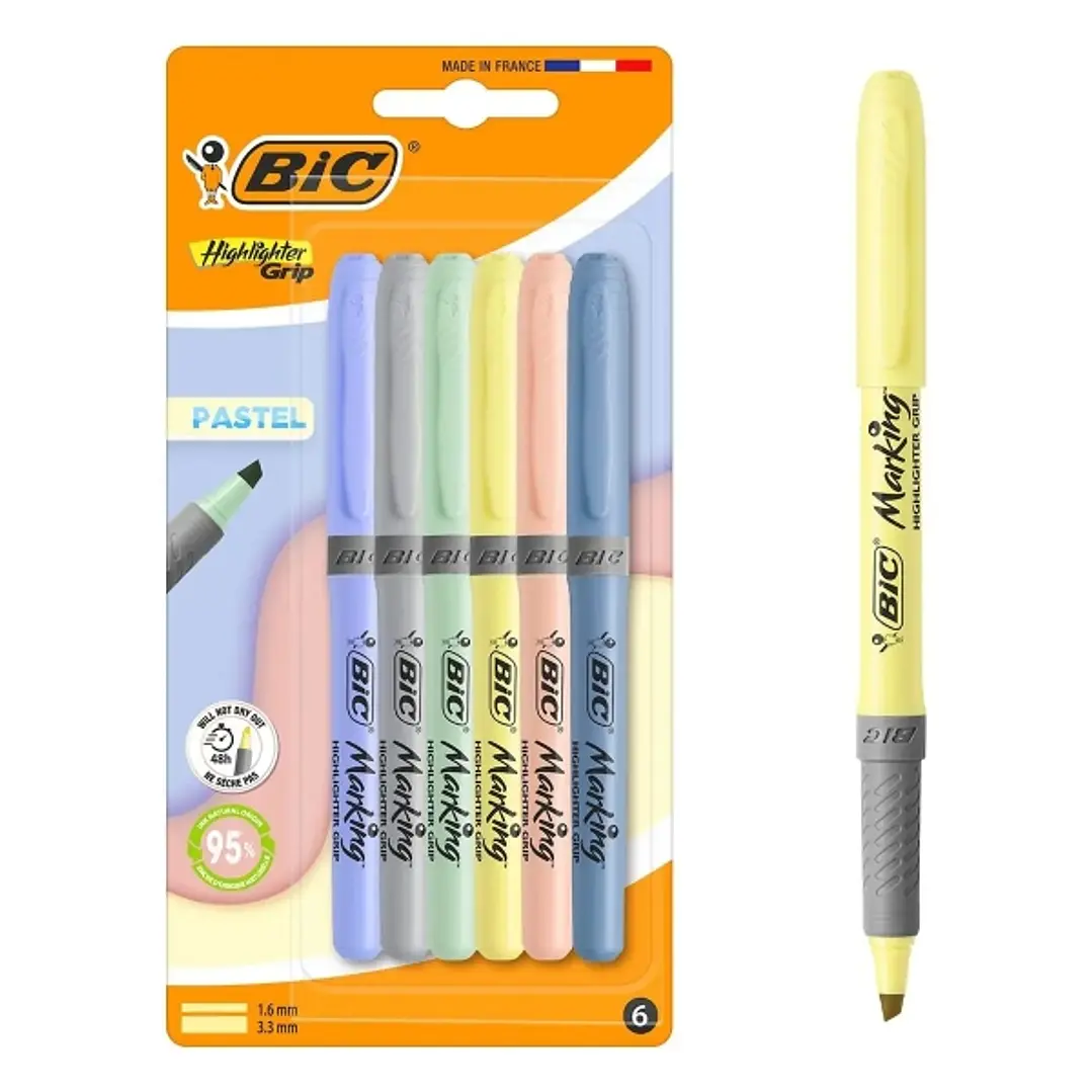 Bic Highlighter Grip Pastel Pack con 6 Marcadores Fluorescentes Pastel - Punta Biselada - Trazo entre 1.60 y 3.30 mm - Grip Texturizado - Colores Surt 1
