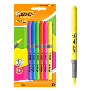 Bic Highlighter Grip Pack con 6 Marcadores Fluorescentes - Punta Biselada - Trazo entre 1.60 y 3.30 mm - Grip Texturizado - Colores Surtidos