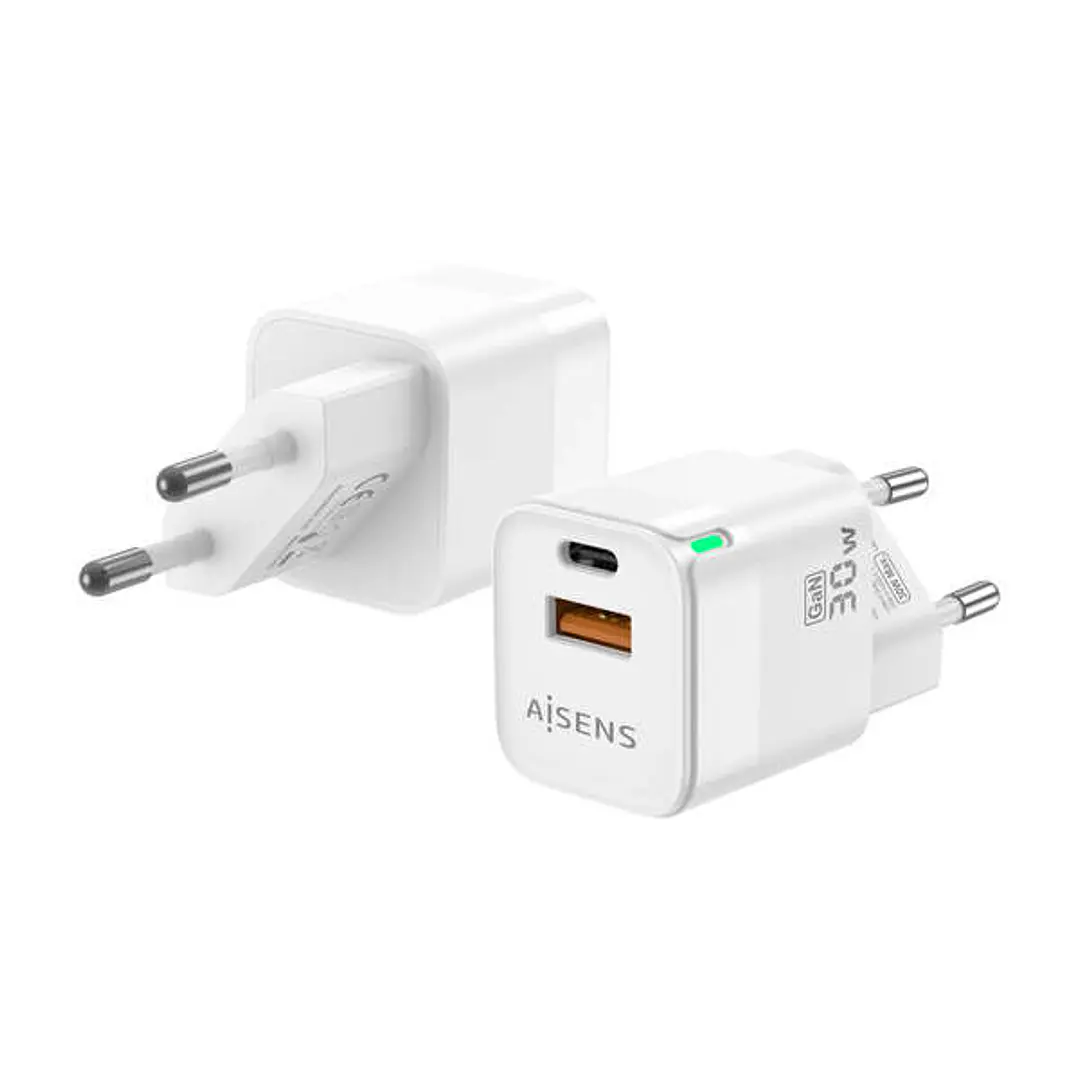 Aisens Cargador GAN 30W - 1xUSB-C PD3.0 QC4.0 - 1xUSB-A QC3.0 -Color Blanco 1