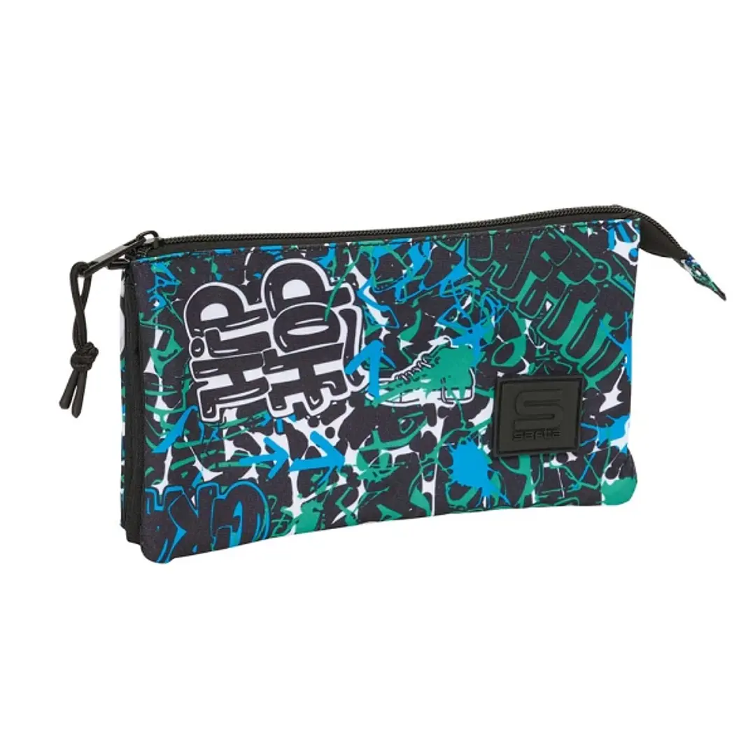 Safta Graffiti Go Portatodo - 3 Compartimentos con Cremalleras - Bolsillo Interior - 0.60L - 220x30x120mm - Color Azul Oscuro 1