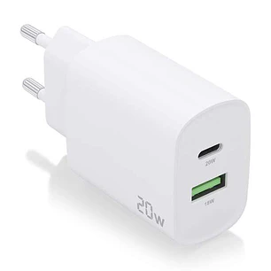 Aisens Cargador 20W - 1xUSB-C PD3.0 - 1xUSB-A QC3.0 - Color Blanco