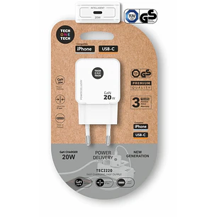 TechOneTech Cargador de Pared Ultrarrápido GaN 20w USB-C Blanco