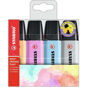 Stabilo Boss 70 Pastel Pack de 4 Marcadores Fluorescentes - Trazo entre 2 y 5mm - Recargable - Tinta con Base de Agua - Colores Surtidos