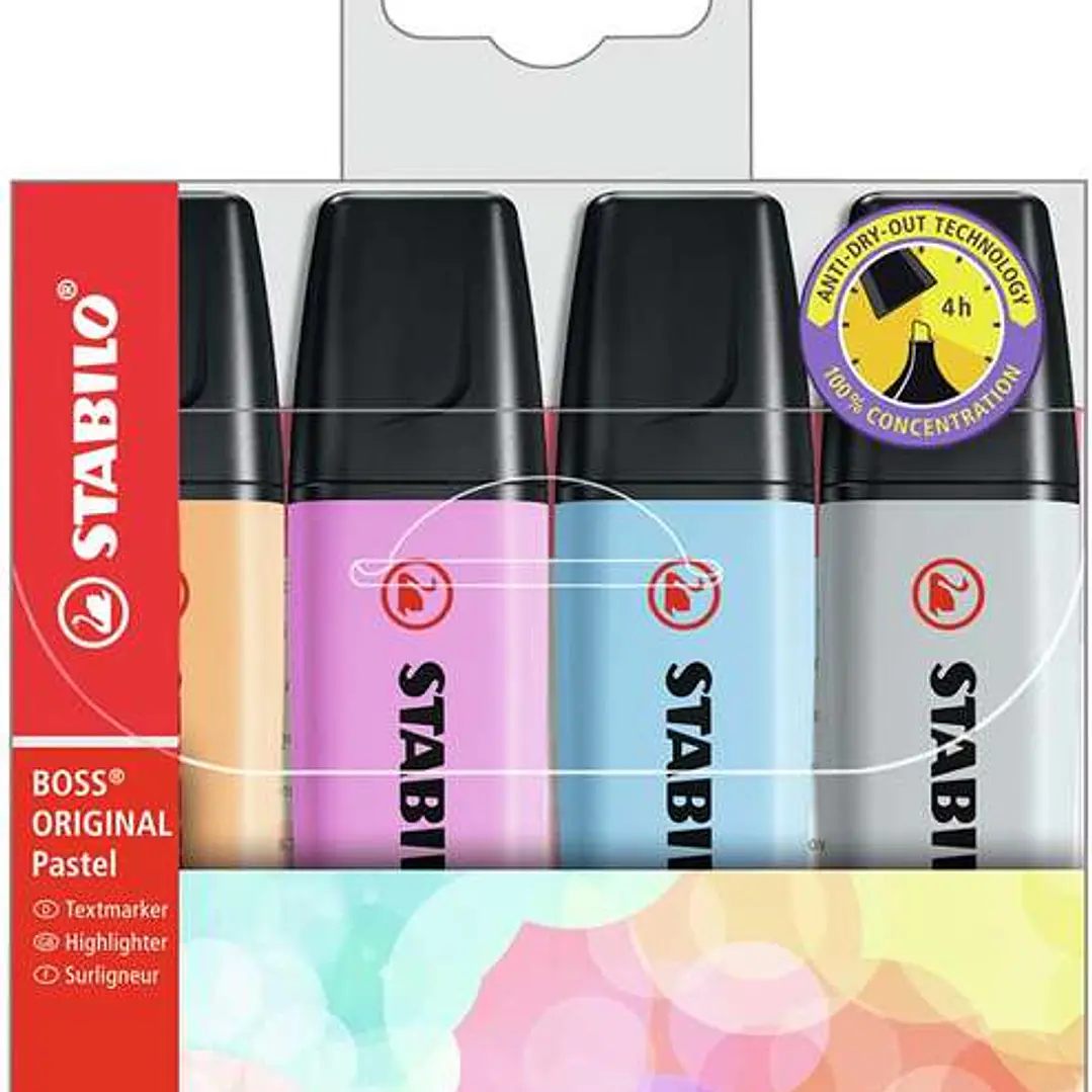 Stabilo Boss 70 Pastel Pack de 4 Marcadores Fluorescentes - Trazo entre 2 y 5mm - Recargable - Tinta con Base de Agua - Colores Surtidos 1
