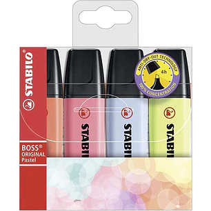 Stabilo Boss 70 Pastel Pack de 4 Marcadores Fluorescentes - Trazo entre 2 y 5mm - Recargable - Tinta con Base de Agua - Colores Surtidos