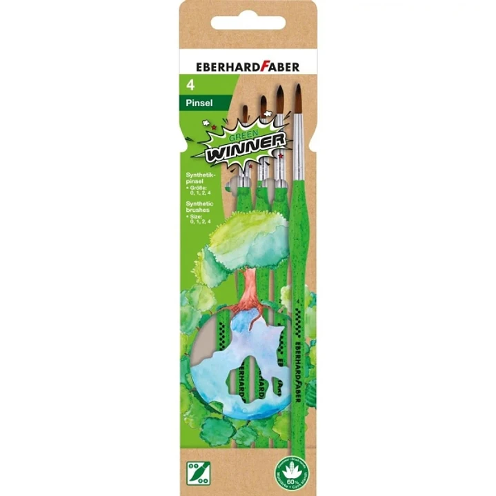 Eberhard Faber Green Winner Pack con 4 Pinceles de Pelo Sintetico Tamaños 0, 1, 2, 4 - Agarre Ergonomico - Fabricados con un 60% de Almidon de Maiz 1