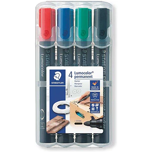 Staedtler Lumocolor 352 Pack de 4 Marcadores Permanentes - Secado Rapido - Practico Estuche de Sobremesa - Colores Rojo, Azul, Verde y Negro