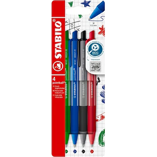 Stabilo Pointball Colorful Pack de 4 Boligrafos Retractiles - Trazo 0.5mm - Hechos con 87% Bioplastico - Grip Antideslizante - Recargables - Colores S