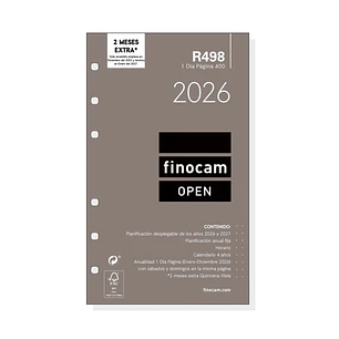 Finocam R498 Recambio Anual 2026 para Agendas Open 2026 - Formato 400 - 91x16x152mm - 1 Dia por Pagina - Color Blanco