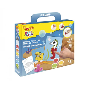 Jovi Play & Fun Kit Pinta con Arena Ocean con 8 Botes de Arena + 1 Punzon + 3 Laminas con Diseños de Animales Acuaticos - Colores Surtidos