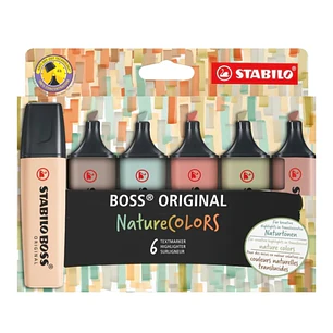 Stabilo Boss Naturecolors Pack de 6 Marcadores - Trazo entre 2 y 5mm - Tinta con Base de Agua - Colores Siena, Beige, Ocre Oscuro, Gris Calido, Verde 