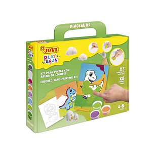 Jovi Play & Fun Kit Pinta con Arena Dinosaurs con 8 Botes de Arena + 1 Punzon + 3 Laminas con Diseños de Dinosaurios - Colores Surtidos