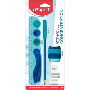 Maped Kidy Lern Concentration Pack con Regla 20cm + Sacapuntas + Goma de Borrar + Lapiz - Diseñados para Ayudar a la Concentracion - Zonas Tactiles Se