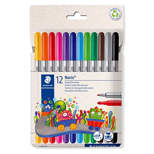 Staedtler Noris 320 Pack de 12 Rotuladores - Doble Punta de Fibra - Trazos 1 y 3mm - Tapa Ventilada - Colores surtidos