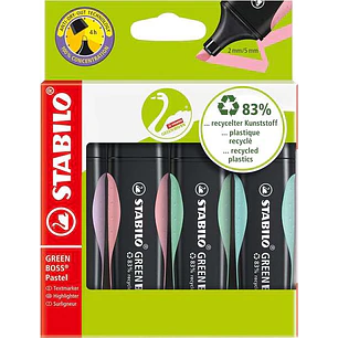 Stabilo Green Boss Pastel Pack de 4 Marcadores Fluorescentes - Fabricado con un 83% de Plastico Reciclado - Trazo entre 2 y 5mm - Recargable - Colores