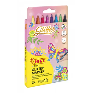 Jovi Glitter Marker Caja con 8 Rotuladores Efecto Purpurina - Tinta Base Agua - Grip Triangular Ergonomico - Punta Resistente - Tapon de Seguridad - T