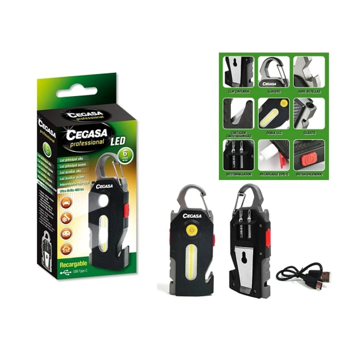 Cegasa Profesional Linterna Supervivencia COB+1 LED hasta 400lm - Autonomia hasta 1.5h - Bateria 300mAh USB-C - Color Negro 1