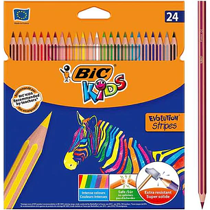 Bic Kids Evolution Stripes Caja de 24 Lapices de Colores surtidos - Fabricados en Resina - Punta Ultraresistente - Mina Pigmentada de 3.20 mm