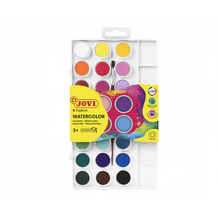 Jovi Pack de 24 Acuarelas en Pastilla 22mm + Pincel - Brillantes - Facilmente Mezclables - Colores Surtidos