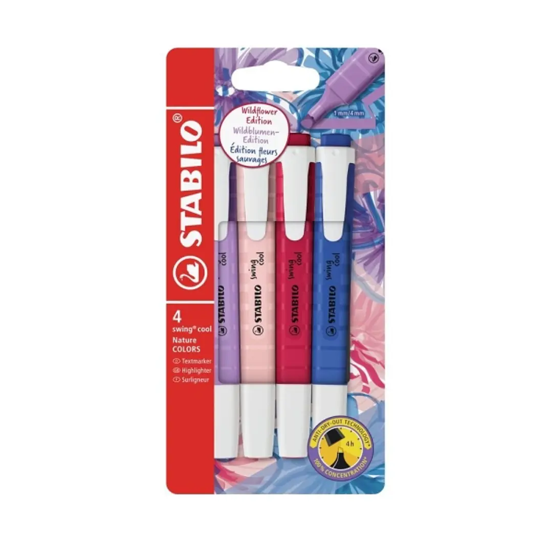 Stabilo Swing Cool Naturecolors Wildflower Pack con 4 Marcadores - Cuerpo Plano - Punta Biselada - Trazo entre 1 y 4mm - Tinta con Base de Agua - Anti 1