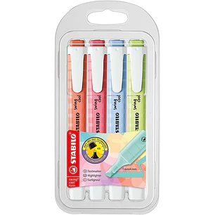 Stabilo Swing Cool Pastel Pack de 4 Marcadores Fluorescentes - Cuerpo Plano - Punta Biselada - Trazo entre 1 y 4mm - Tinta con Base de Agua - Colores 