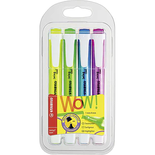 Stabilo Swing Cool Pack de 4 Marcadores Fluorescentes - Cuerpo Plano - Punta Biselada - Trazo entre 1 y 4mm - Tinta con Base de Agua - Antisecado - Co
