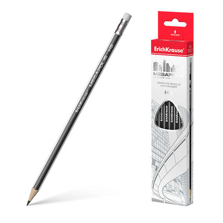 Erichkrause Megapolis HB - Lapiz de Grafito Triangular con Goma de Borrar - Madera Seleccionada - Dureza HB - Resistente al Impacto - Facil Afilado -  1