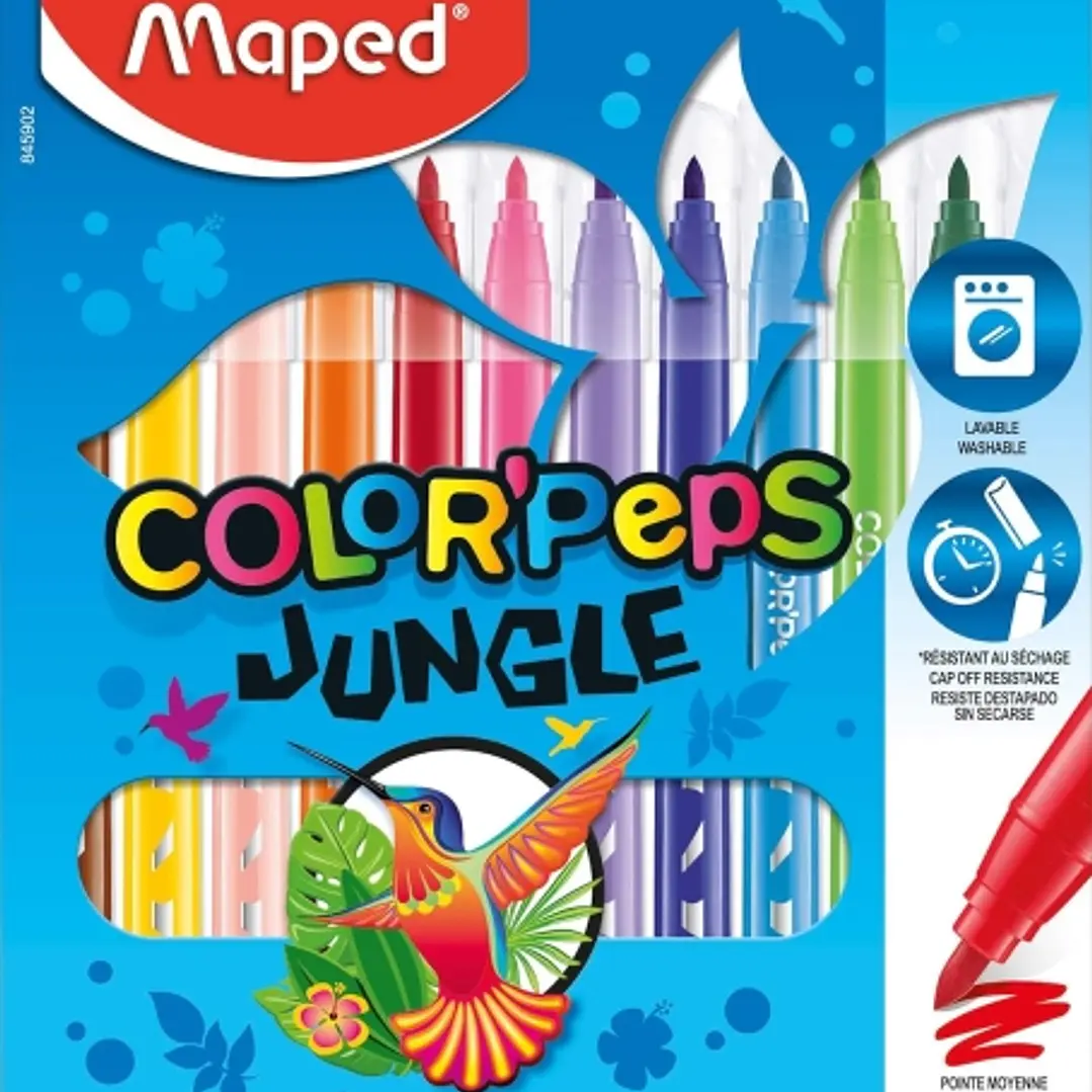 Maped Color´Peps Jungle Pack de 12 Rotuladores con Punta Media Bloqueada 2mm - Ojival, Suave y Flexible - Tinta Lavable - Colores Surtidos 1