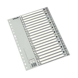 Esselte Indice Abecedario de Plastico con Caratula Indice A4 - Tipo A-Z - Cartulina Indice: Carton Blanco y Negro Gris - Color Gris