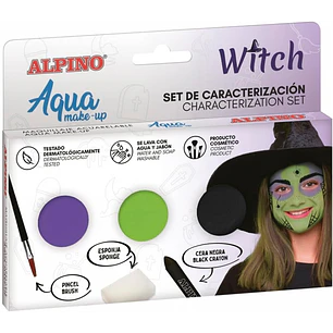 Alpino Aqua Make Up Set de Caracterizacion de Bruja - 3 Polveras + Cera Negra + Pincel + Esponja