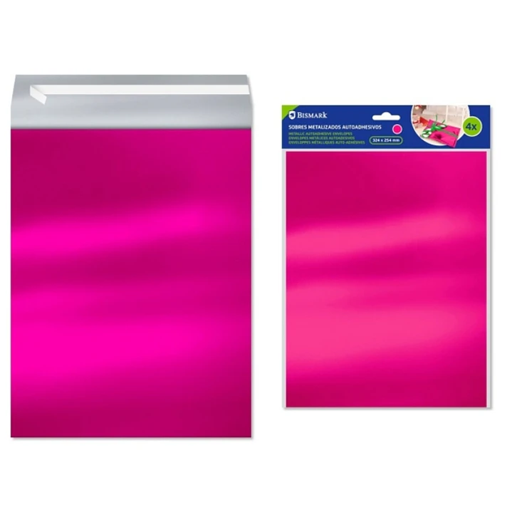 Bismark Pack de 4 Sobres Metalizados - Medidas 324x254mm - Cierre Autoadhesivo - Ideal para Regalos - Color Rosa Metalizado 1