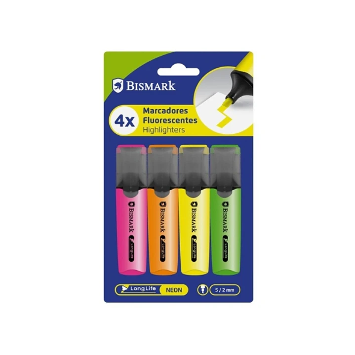 Bismark Long-Life Pack de 4 Marcadores Fluorescentes - Punta Biselada 2 - 5mm Aprox - Tinta Base de Agua - Larga Duracion - Colores Neon Surtidos 1