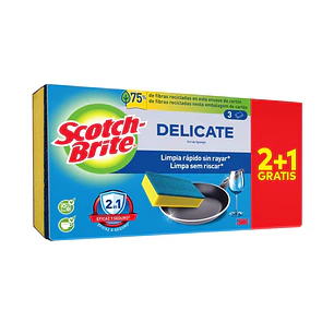Scotch-Brite Delicate Pack de 3 Estropajos de Cocina - Promocion 2 + 1 Gratis - No Raya - Color Amarillo