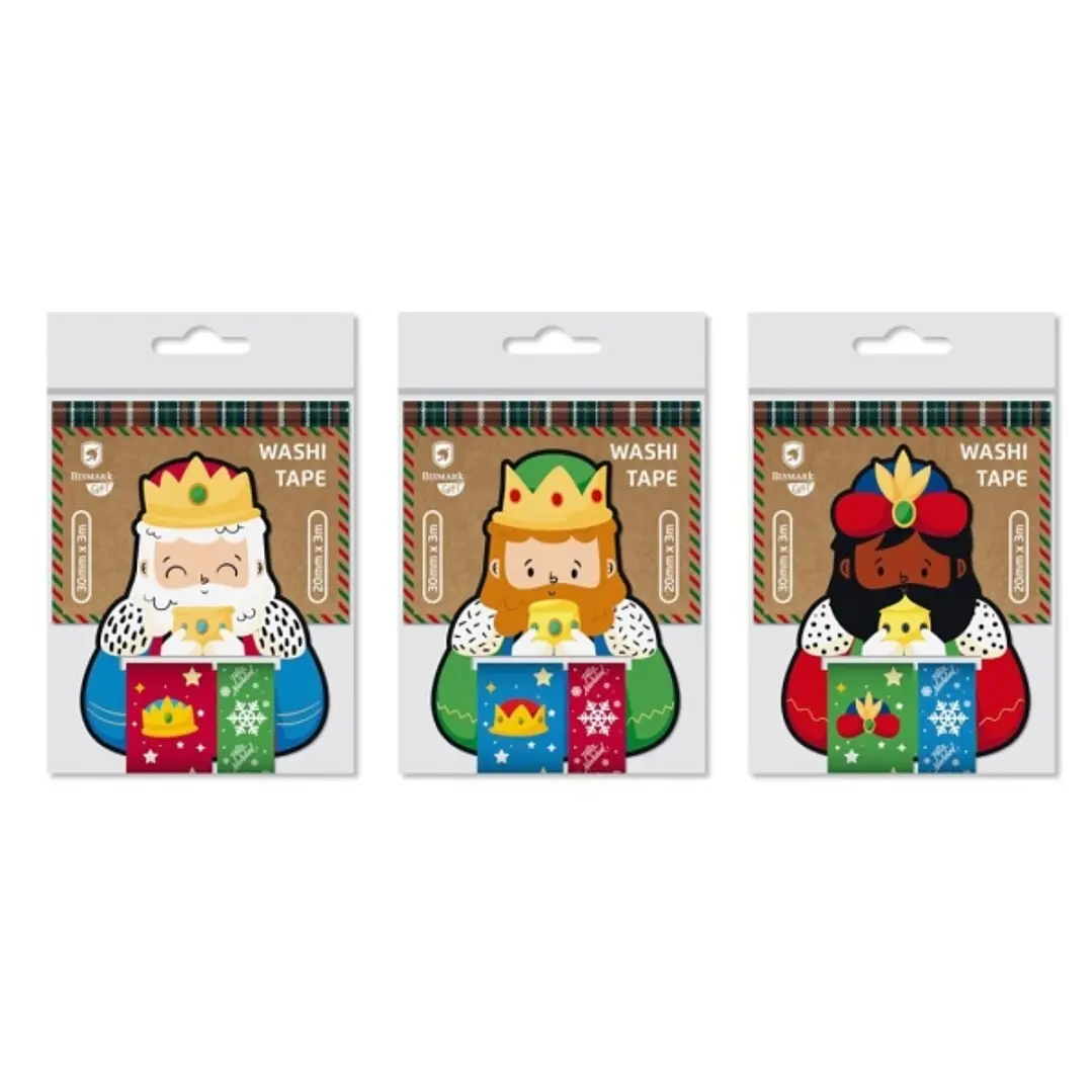 Bismark Pack de 2 Rollos de Cinta Washi-Tape Navideña para Regalos - Tematica Reyes Magos - Medidas 20mmx3m y 30mmx3m - 3 Diseños Aleatorios 1