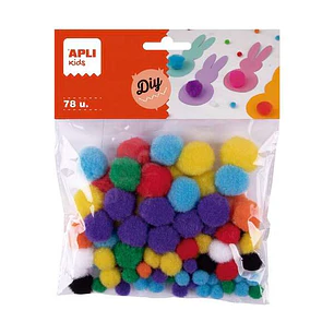 Apli Pack de 78 pompones medidas surtidas: Ø 8 mm, Ø 10 mm, Ø 12 mm, Ø 15 mm y Ø 20 mm  colores surtidos